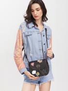 Shein Black Studded Cartoon Patch Twistlock Saddle Bag
