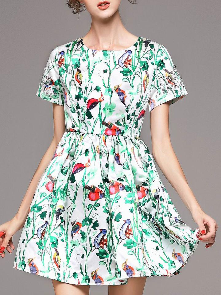 Shein Green Crew Neck Floral A-line Dress