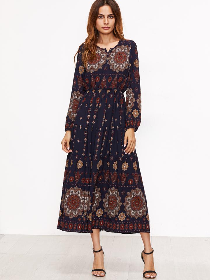 Shein Navy Tribal Print Long Sleeve A Line Dress