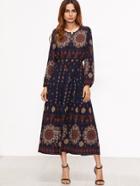 Shein Navy Tribal Print Long Sleeve A Line Dress