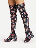 Shein Flower Pattern Over Knee Block Heeled Boots