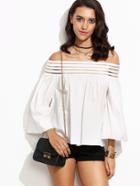 Shein White Striped Mesh Off The Shoulder Bell Sleeve Blouse