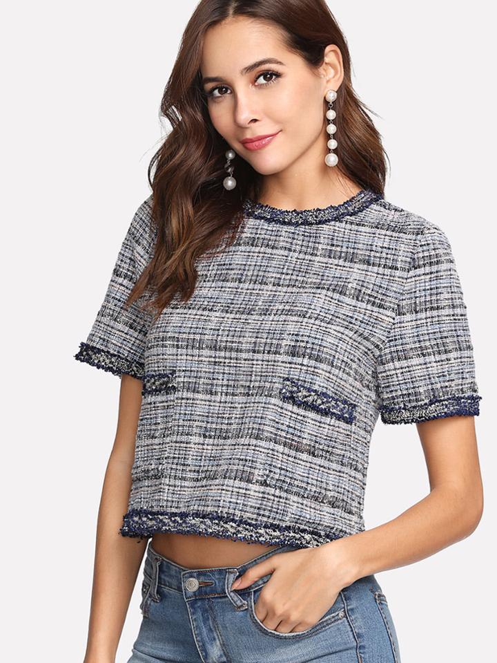 Shein Pocket Patched Frayed Trim Tweed Top