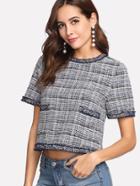 Shein Pocket Patched Frayed Trim Tweed Top