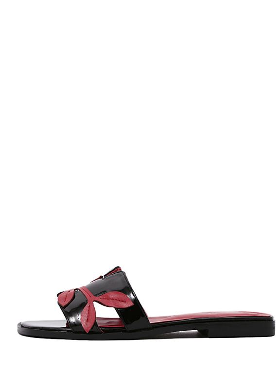 Shein Black Leaves Embroidered Open Toe Flat Slippers