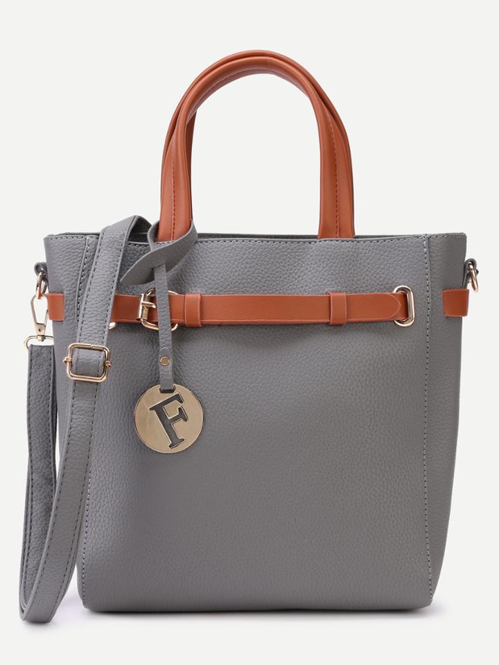 Shein Grey Pebbled Pu Buckle Strap Handbag With Shoulder Strap