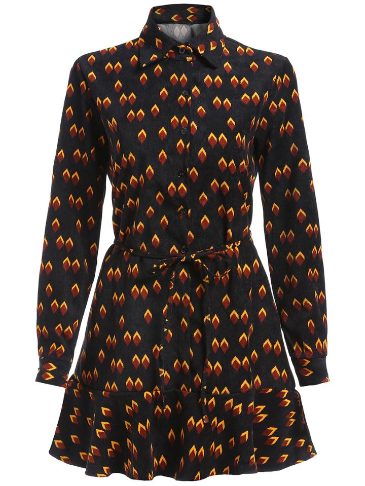 Shein Colour Lapel Geometric Print Tie-waist Dress