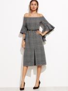 Shein Bardot Flare Sleeve Checkered Slit Dress