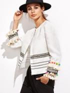 Shein White Embroidered Tape And Pom Pom Trim Jacquard Blazer