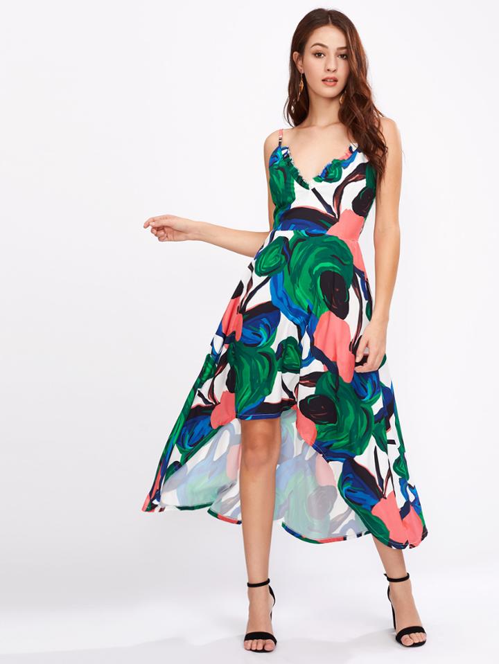 Shein Abstract Print Frill Trim Dip Hem Cami Dress