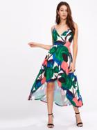 Shein Abstract Print Frill Trim Dip Hem Cami Dress