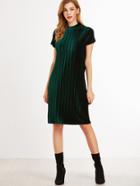 Shein Dark Green Mock Neck Zip Up Striped Velvet Dress