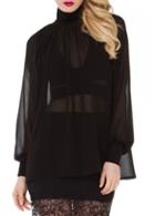 Rosewe Black Keyhole Back Lantern Sleeve See Through Blouse