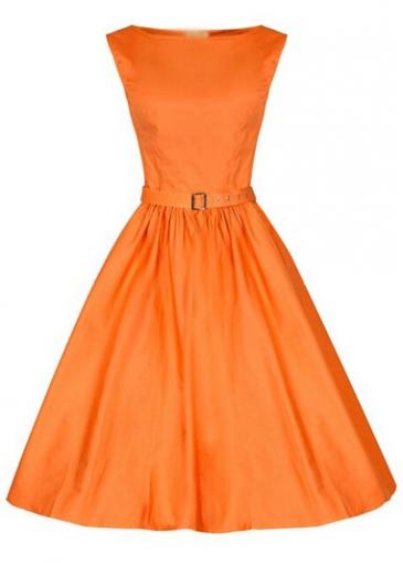 Rosewe Round Neck Belted Orange A Line Dress