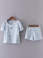 Shein Blue Heart Embroidery Blouse With Elastic Waist Shorts