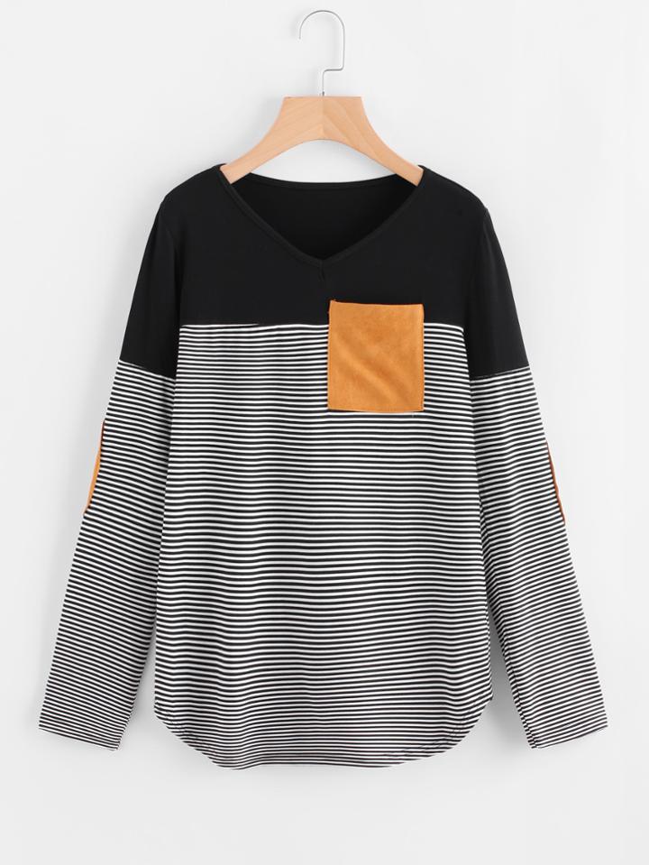 Shein Contrast Panel Elbow Patch Curved Hem Stripe Tee
