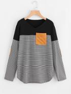 Shein Contrast Panel Elbow Patch Curved Hem Stripe Tee