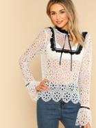 Shein Contrast Frill Detail Eyelet Guipure Lace Top