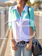Shein White Green Half Sleeve Preppy Appropriately Color Block Blouse