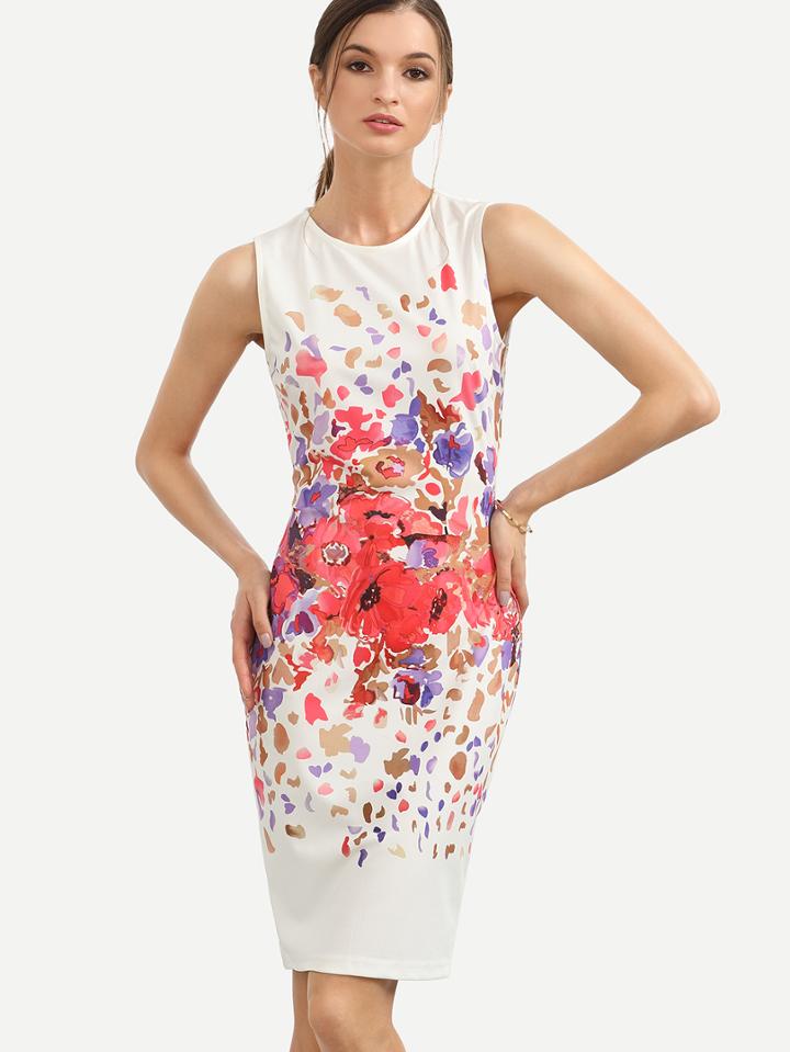 Shein Multicolor Print Sleeveless Split Sheath Dress