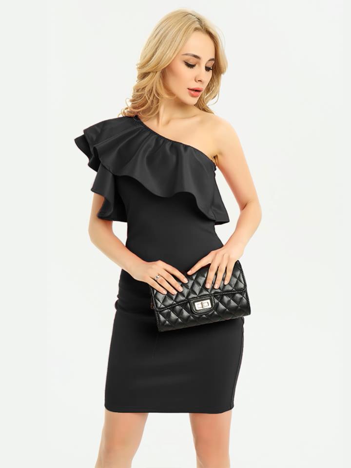 Shein Oblique Shoulder Frill Trim Bodycon Dress
