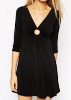 Rosewe Three Quarter Sleeve Black Ruched Mini Dress