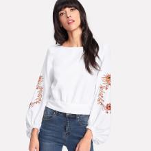 Shein Embroidered Lantern Sleeve Wide Hem Top