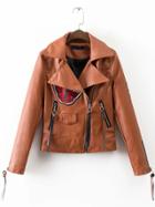Shein Light Brown Butterfly Embroidery Pu Jacket With Zipper