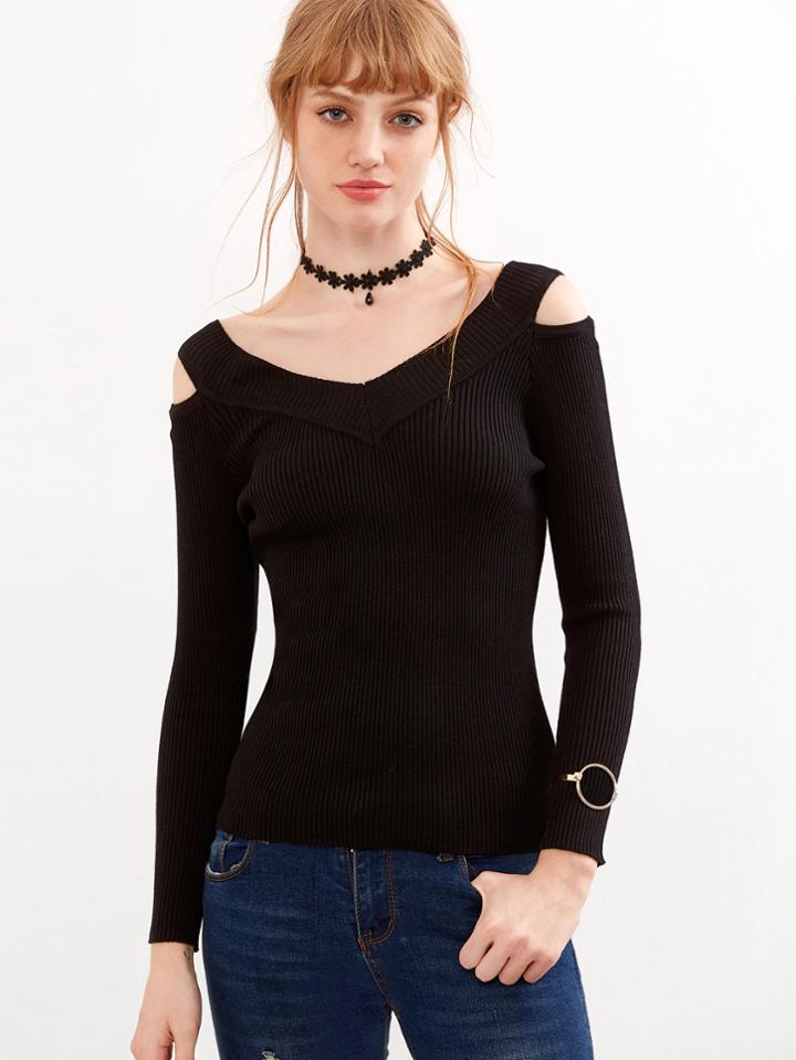 Shein Black V Neck Cut Out Sweater