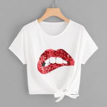 Shein Sequin Red Lip Knot Hem Tee