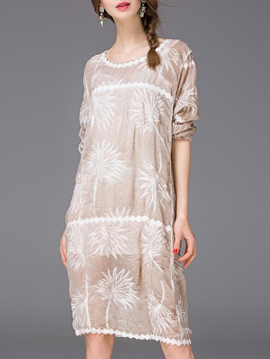 Shein Apricot Crew Neck Embroidered Shift Dress