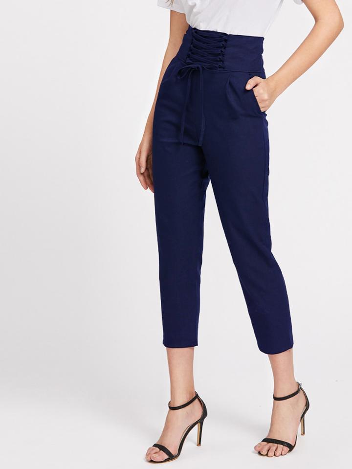 Shein Lace Up Wide Waistband Tailored Pants
