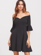 Shein Black V Notch Off The Shoulder Ruffle Sleeve Skater Dress