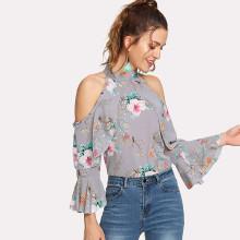 Shein Open Shoulder Ruffle Trim Botanical Top