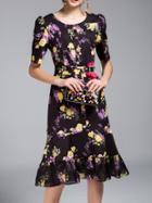 Shein Black Floral Belted Frill Dress