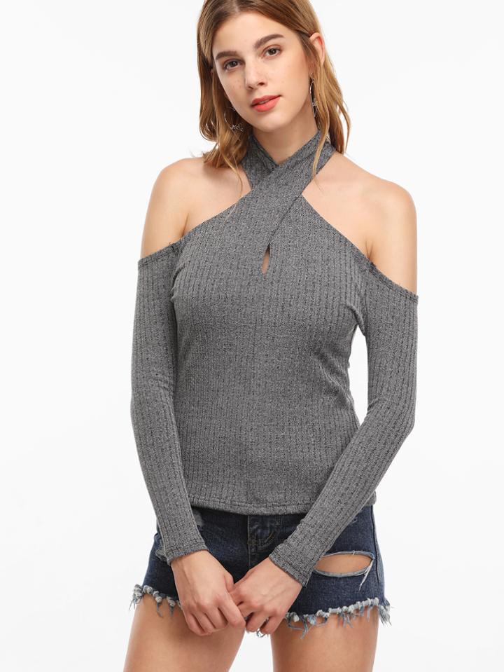 Shein Grey Cut Out Shoulder Criss Cross Front Ribbed Sweater