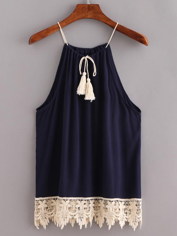 Shein Lace Trimmed Tasselled Drawstring Neck Top - Blue