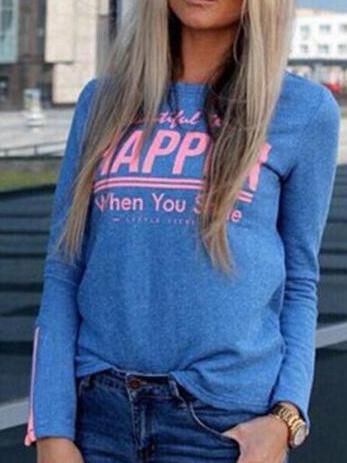 Shein Blue Letters Print Cuff Split T-shirt
