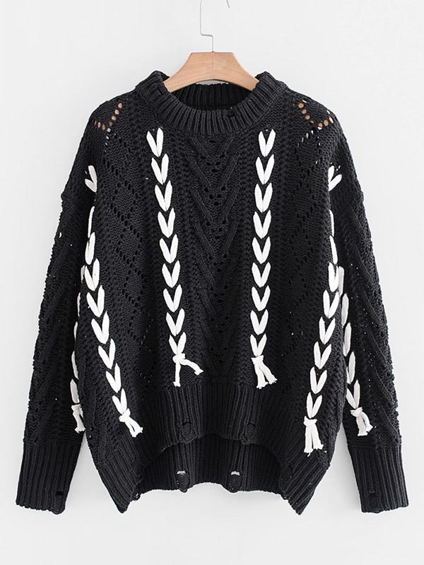 Shein Contrast Lace Up Ripped Detail Pointelle Sweater