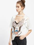 Shein Graphic Print Cutout V-neck Distressed Tee