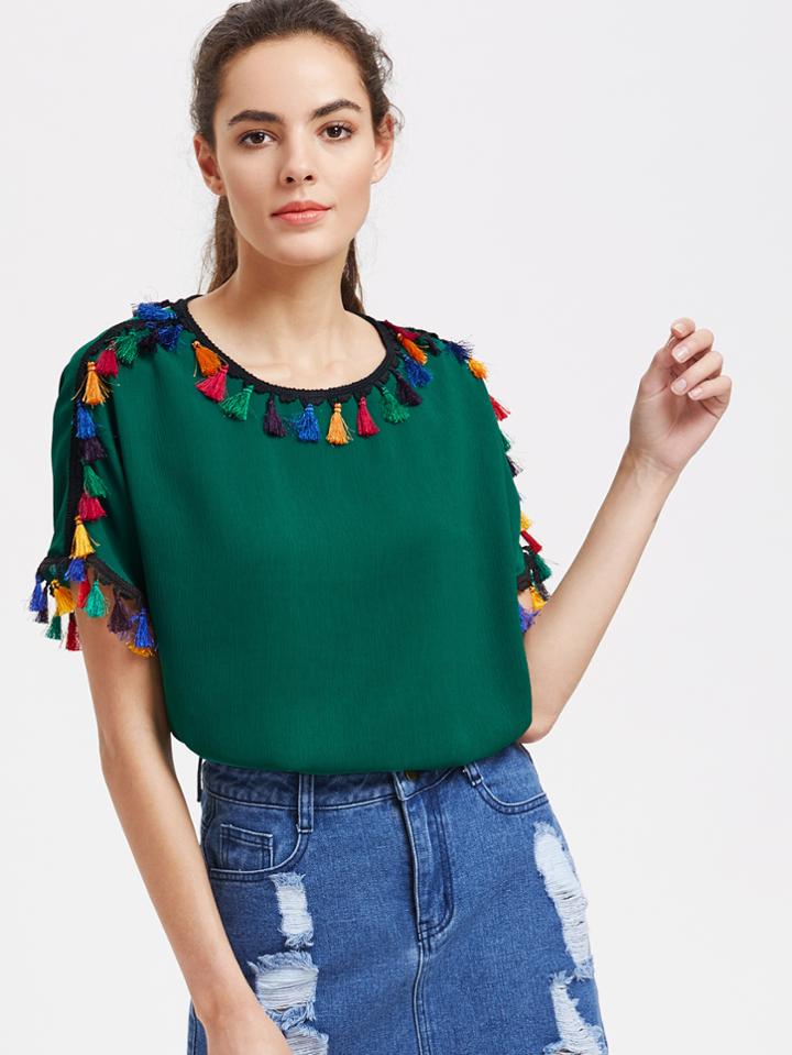 Shein Buttoned Keyhole Back Tassel Detail Top