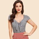 Shein Knotted Sweetheart Plaid Fitted Top