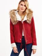 Shein Red Fleece Lined Jacket With Faux Fur Trim Hood
