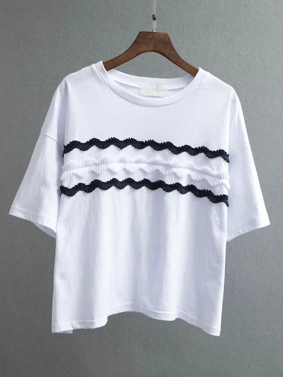 Shein White Appliqued Front Drop Shoulder T-shirt