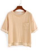Shein Vertical Striped High-low Pocket T-shirt - Khaki