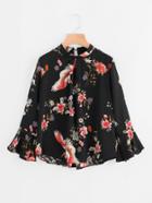 Shein Fluted Sleeve Floral Print Pleated Front Blouse