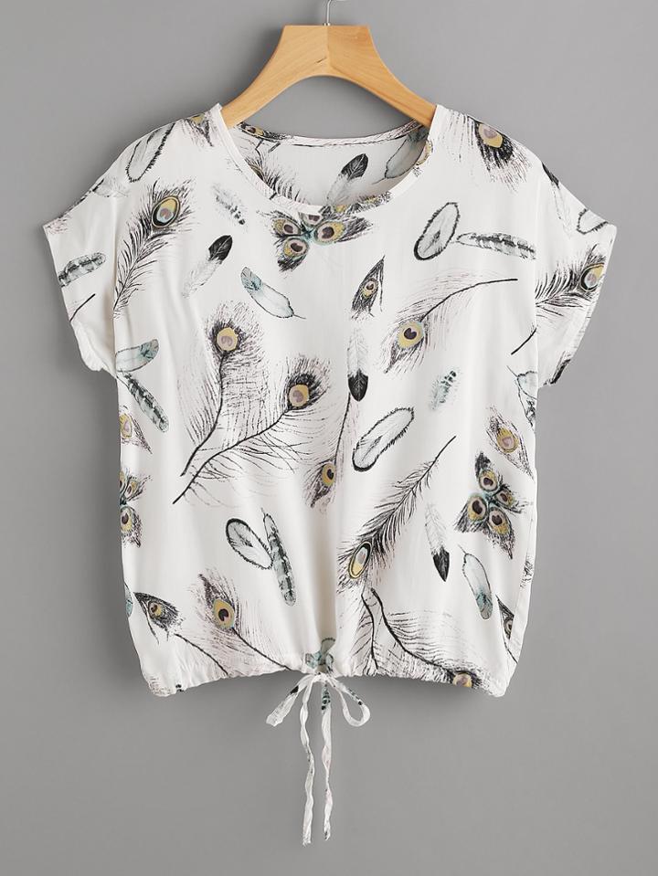 Shein Random Feather Print Drawstring Hem Tee