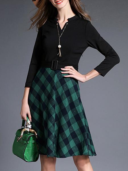 Shein Black V Neck Belted Plaid A-line Dress