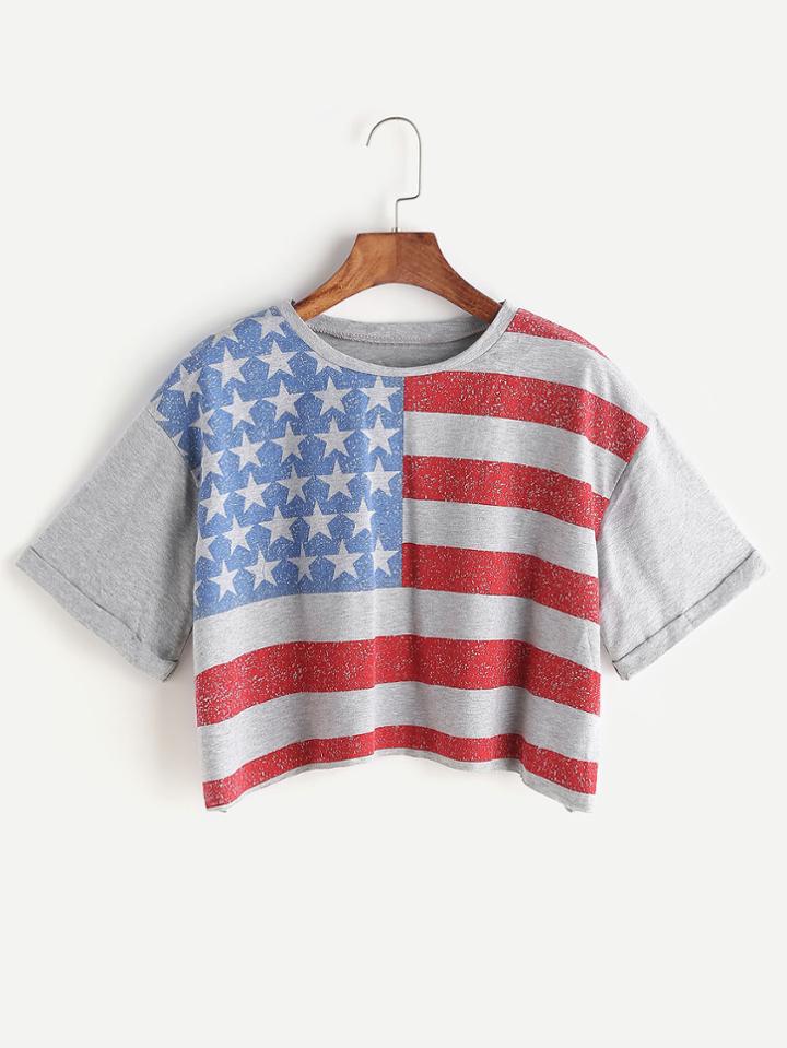 Shein American Flag Print Cuffed T-shirt