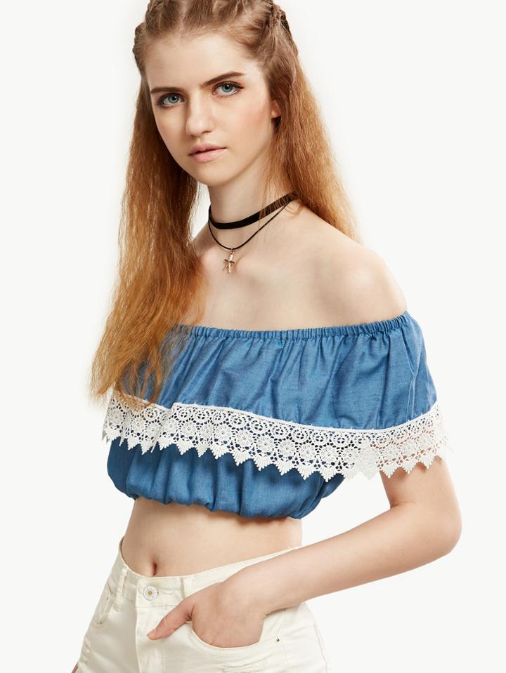 Shein Blue Crochet Trim Denim Crop Top